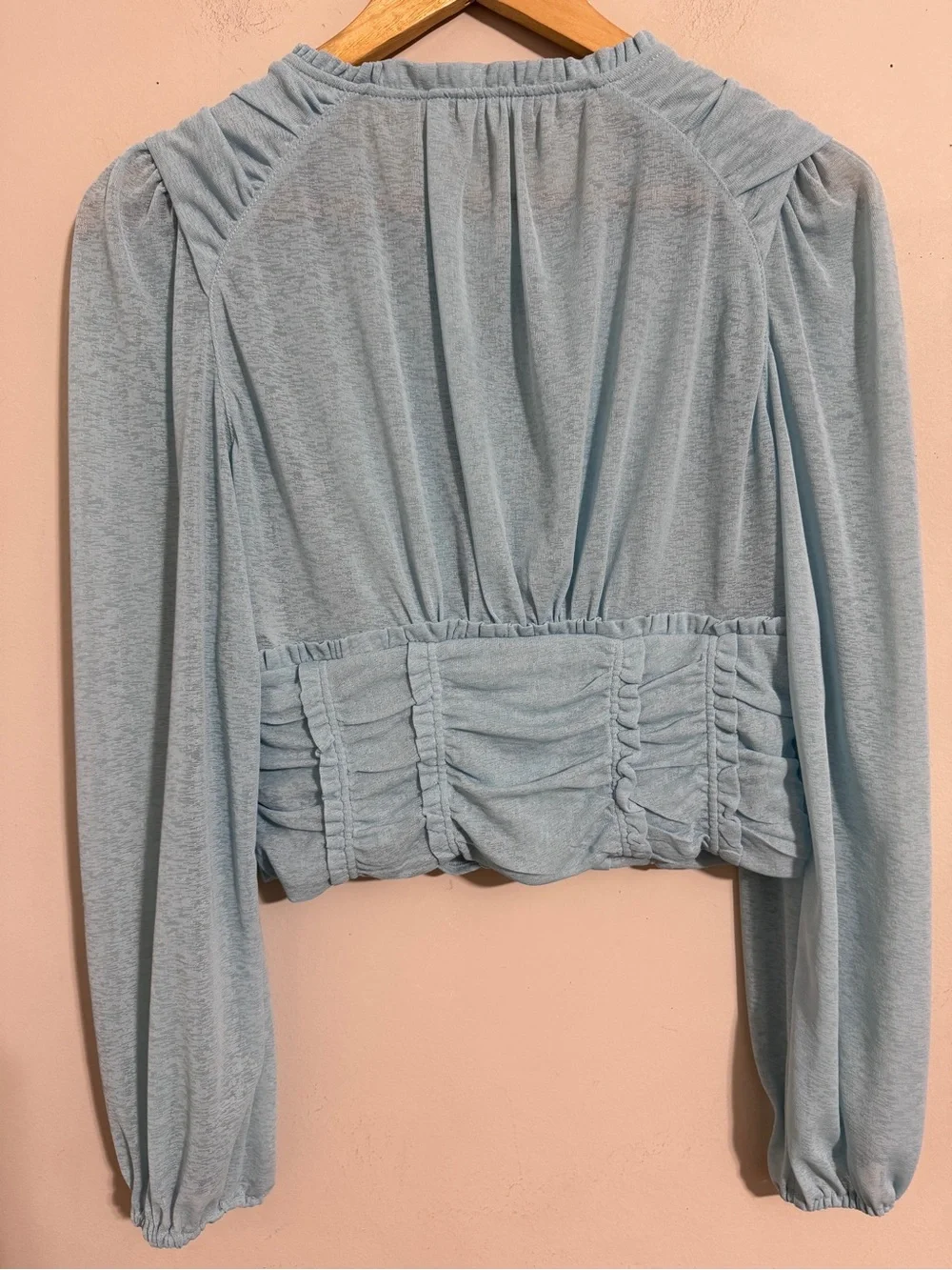 Anthropologie Long Sleeve Femme Ruched Cropped Top Women's Blue size M Romantic